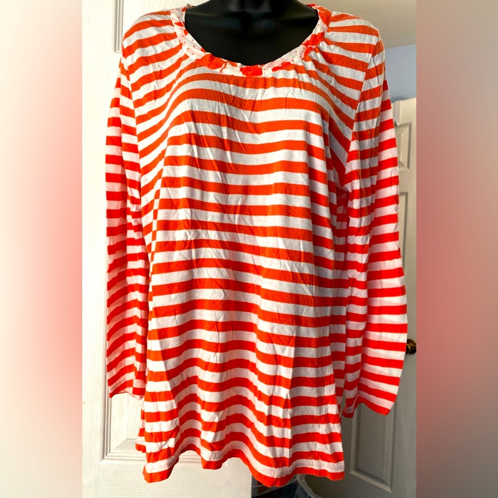 Coldwater Creek Size M Coral/White Striped Shirt Long Sleeve Cotton